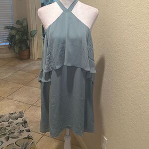 Krisa Women's M Halter Neck Tiered Mini Dress Light Blue Flowy Wedding Guest New